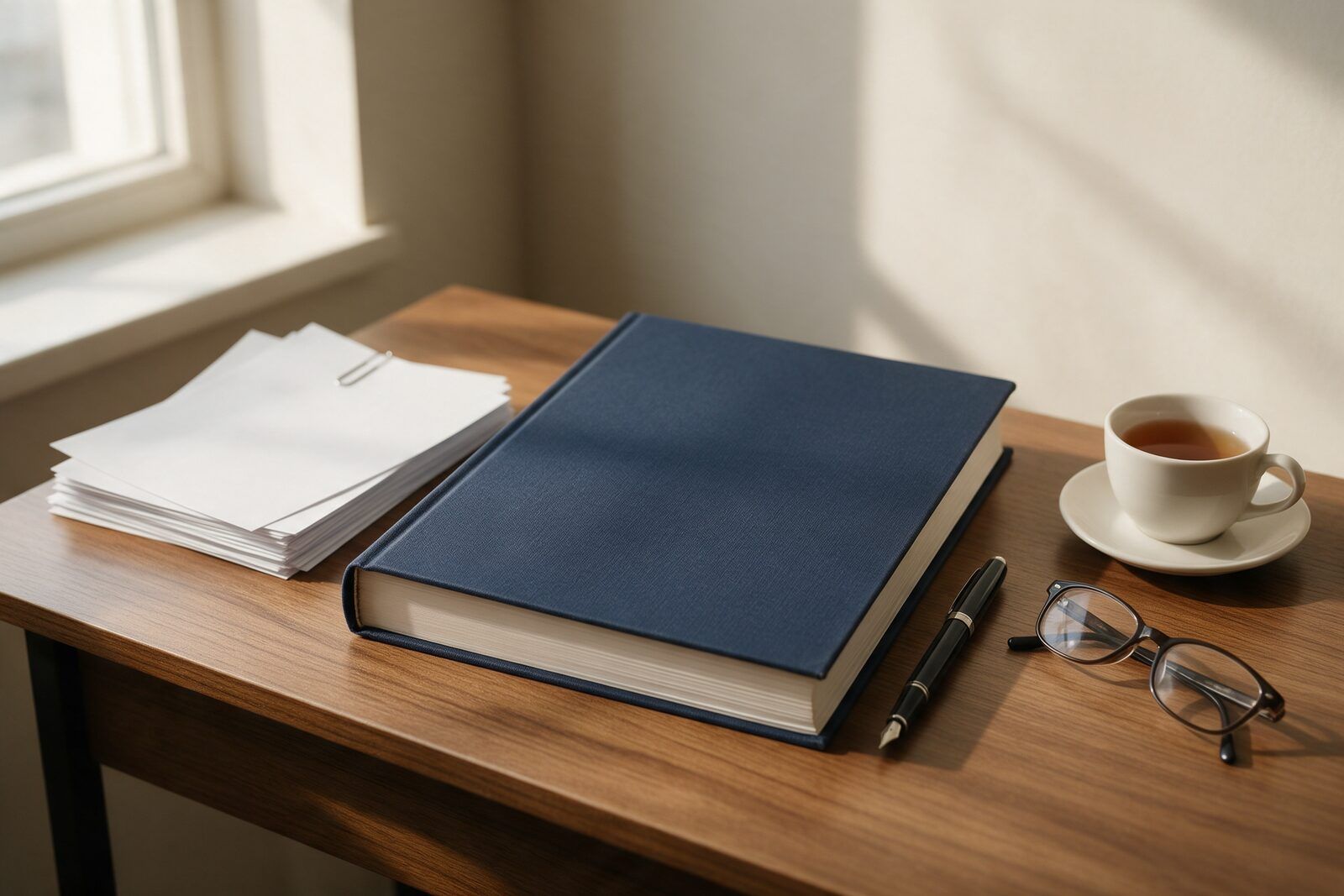 Büro masasında lacivert ciltli defter, dolma kalem, kâğıt destesi, gözlük ve çay fincanı